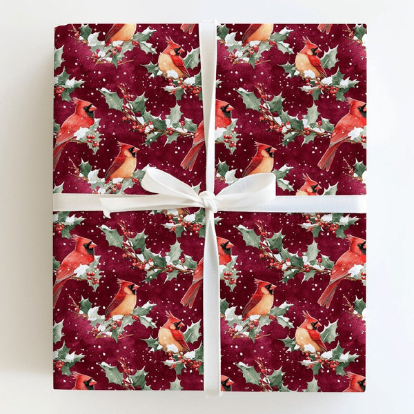 Burgundy Holly Berry Gift Wrap, Winter Cardinal Christmas Wrapping Paper, Watercolor Bird Holiday Wrapping Paper, Nature Fest