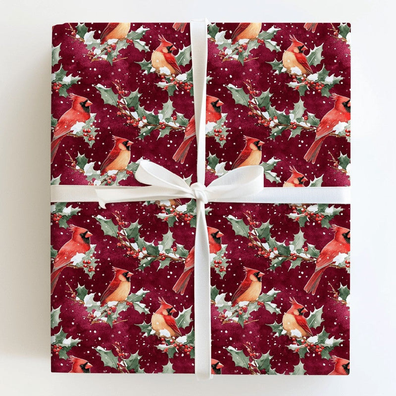 Burgundy Holly Berry Gift Wrap, Winter Cardinal Christmas Wrapping Paper, Watercolor Bird Holiday Wrapping Paper, Nature Festive Gift Wrap