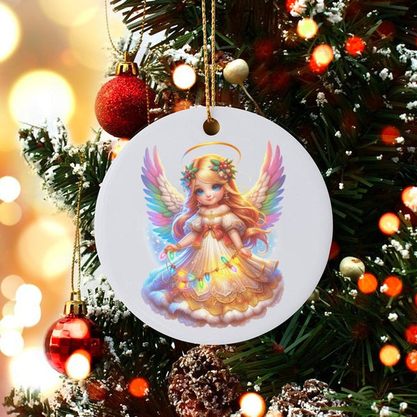 Rainbow Wings Guardian Angel Ornament, Adorable Angel Ceramic Christmas Ornament, Porcelain Holiday Tree Keepsake, Religious 