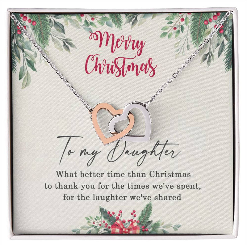 CZ Heart Pendant, To My Daughter Interlocking Hearts Necklace, Polished Surgical Steel Rose Gold Finish Christmas Jewelry Present