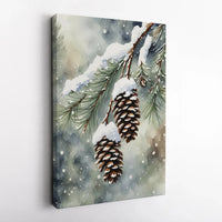 Winter Forest Watercolor Canvas, Snowy Pine Cones Canvas Print, Rustic Pine Cone Canvas Art, Christmas Pinecone Print, Holiday Home Decor