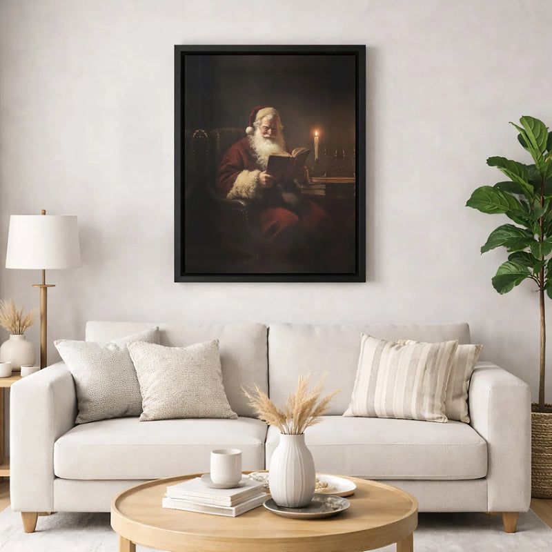 Vintage Christmas Canvas Wall Art, Santa Claus Reading a Book Canvas Print, Oil Painting Style Holiday Canvas, Festive Xmas Wall Decor