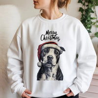 Santa Hat Dog Holiday Sweatshirt, Pitbull Christmas Sweatshirt, Adorable Pit Bull Dog Mom Crewneck, Festive Puppy Lover Pullover Sweatshirt