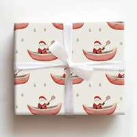 Watercolor Red Canoe Gift Wrap, Santa in Canoe Wrapping Paper, Winter Pine Tree Wrapping Paper, Whimsical Christmas Wrapping Paper Roll
