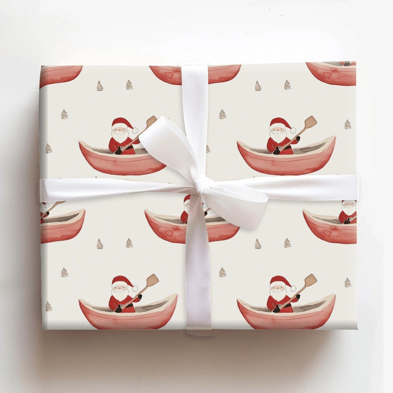 Watercolor Red Canoe Gift Wrap, Santa in Canoe Wrapping Paper, Winter Pine Tree Wrapping Paper, Whimsical Christmas Wrapping Paper Roll