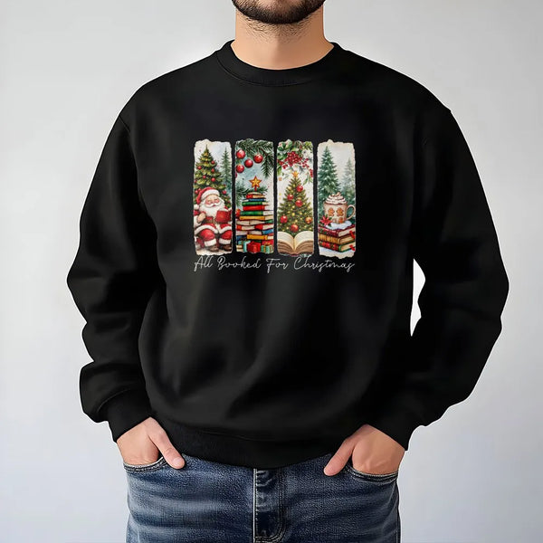 Bookish Santa Christmas Sweater, All Booked for Christmas Sweatshirt, Comfy Reading Holiday Crewneck, Book Lover Pullover, Ch