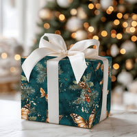 Orange Monarch Botanical Holiday Gift Wrap, Butterfly Holly Christmas Wrapping Paper, Teal Winter Foliage Wrapping Paper, Nature Lover Wrap