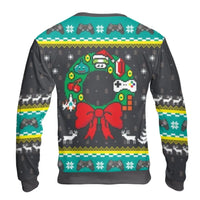 Gamer Wreath Pixel Print Pullover, 8-Bit Retro Gaming Christmas Sweatshirt, Nostalgic Ugly Xmas Party Sweater, Video Game Holiday Top