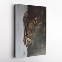 Rustic Winter Pine Branch Wall Art, Vintage Wooden Sled Canvas, Farmhouse Christmas Poster, Holiday Winter Decor Canvas Print, Seasonal Present