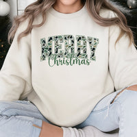 Varsity Lettering Holiday Crewneck, Merry Christmas Camo Sweatshirt, Outdoorsy Hunting Season Sweater, Comfy Winter Pullover, Xmas Present