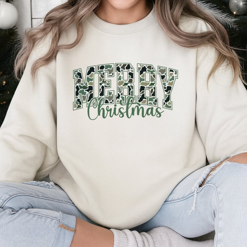 Varsity Lettering Holiday Crewneck, Merry Christmas Camo Sweatshirt, Outdoorsy Hunting Season Sweater, Comfy Winter Pullover, Xmas Present