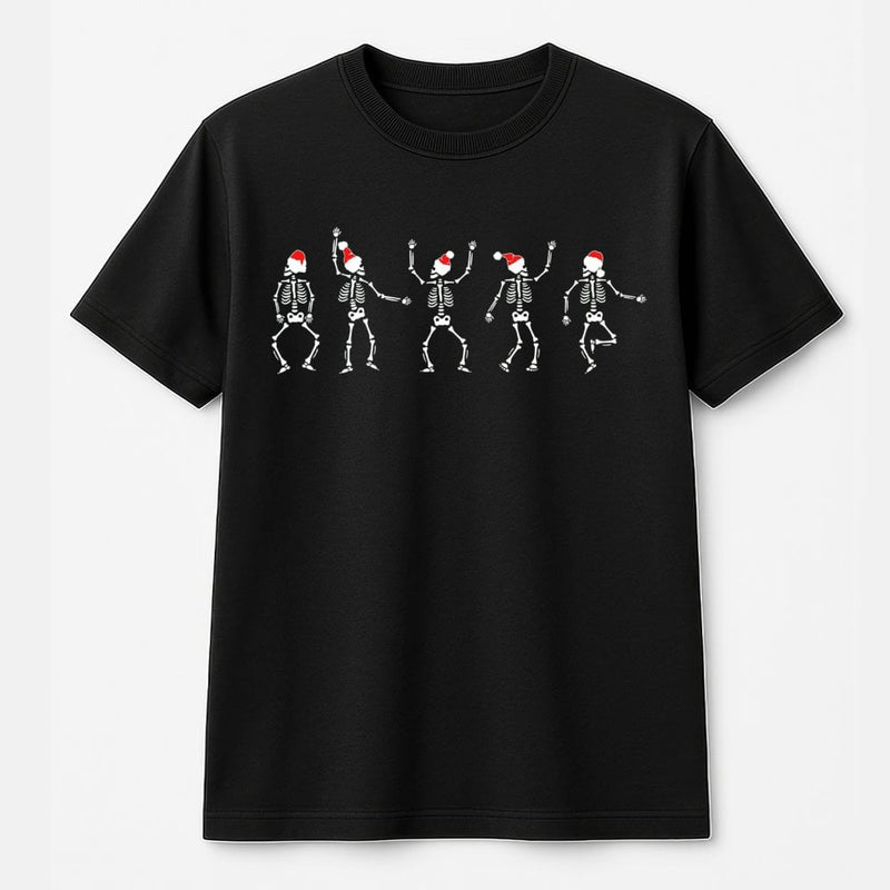 Santa Hat Holiday Graphic Tee, Dancing Skeleton Christmas T-Shirt, Humorous Spooky Xmas Skeleton Shirt, Festive Winter Party Apparel