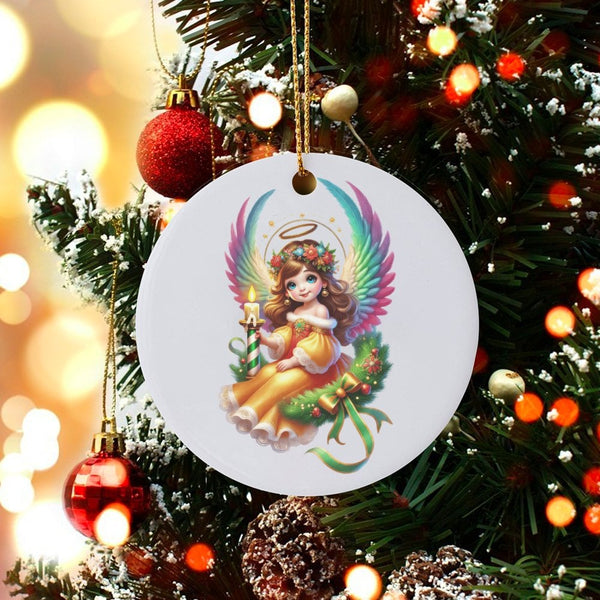 Rainbow Wings Holiday Angel Tree Ornament, Christmas Angel Ceramic Ornament, Adorable Celestial Keepsake, Festive Xmas Tree C