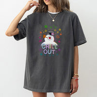 Retro Festive Holiday Graphic Tee, Chill Out Snowman T-Shirt, Humorous Winter Snowman Shirt, Adorable Sarcastic Christmas Graphic T-Shirt Present