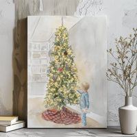 Watercolor Child in Pajamas Print, Christmas Tree Canvas Art, Holiday Nursery Canvas Wall Art, Festive Christmas Canvas Decor Present