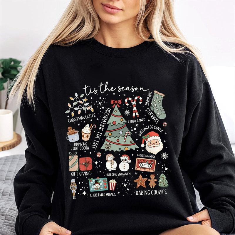 Retro Holiday Icons Graphic Sweatshirt, Tis the Season Christmas Sweatshirt, Winter Holiday Crewneck Sweater, Comfy Xmas Pullover Sweatshirt