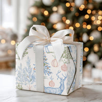 Vintage Toile Holiday Gift Wrap, Blue Reindeer Toile Christmas Wrapping Paper, Elegant Deer Tree Gift Wrapping Paper, Winter Present Paper
