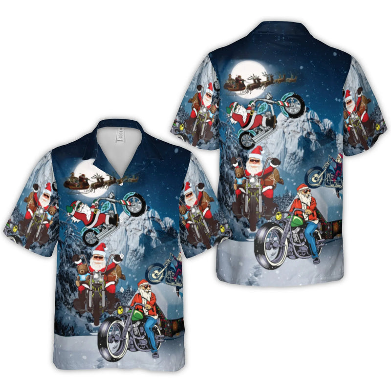 Motorcycle Santa Claus Button Up Shirt, Biker Santa Christmas Hawaiian Shirt, Humorous Holiday Biker Aloha Shirt, Tropical Xmas Party Shirt