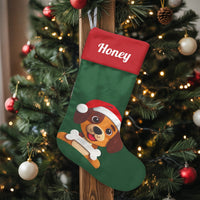 Adorable Puppy with Bone Holiday Stocking, Dog Santa Hat Christmas Stocking, Personalized Pet Xmas Stocking, Custom Dog Name Mantle Decor Present