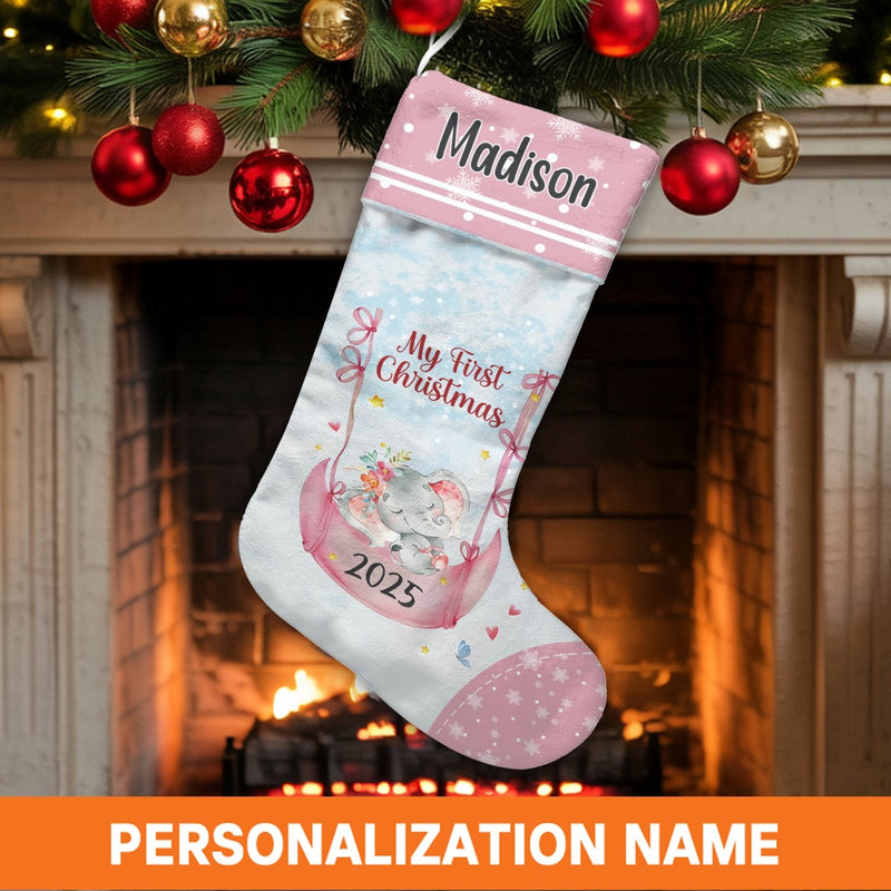 Baby First Christmas 2025 Stocking, Personalized Elephant Christmas Stocking, Custom Name Holiday Stocking, Adorable Baby Shower Keepsake Present