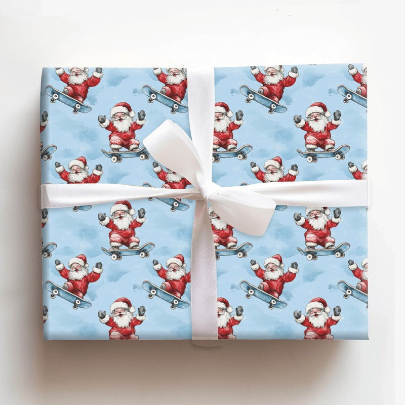 Blue Skater Santa Gift Wrap, Skateboarding Santa Wrapping Paper, Humorous Christmas Present Wrap, Humorous Skateboard Holiday Wrapping Paper