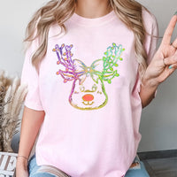 Coquette Bow Holiday T-Shirt, Neon Reindeer Christmas T-Shirt, Retro Adorable Deer Graphic Tee, Festive Girly Winter Top, Xmas Reindeer T-Shirt