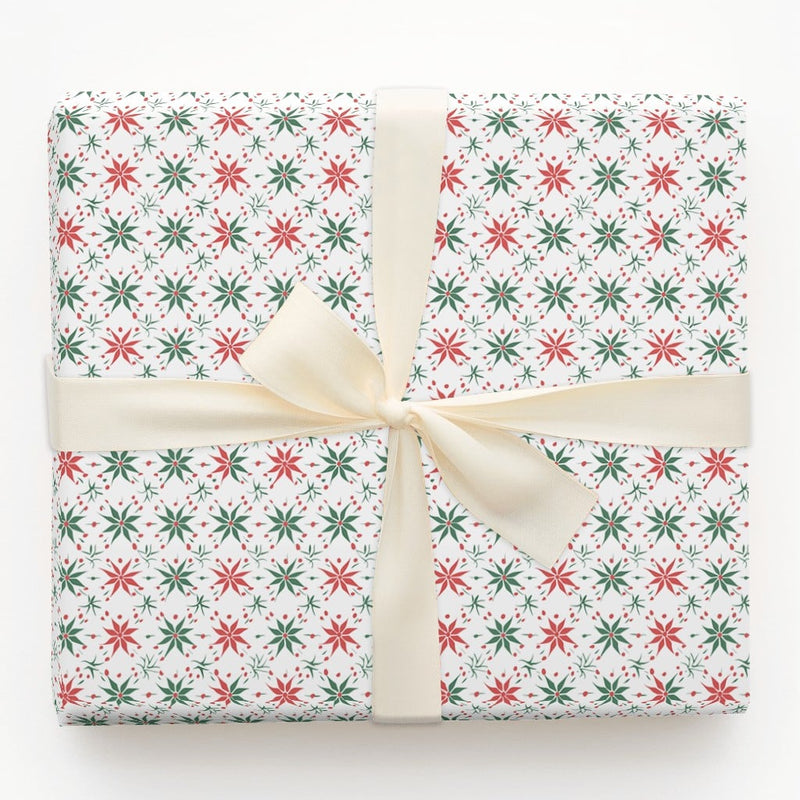 Geometric Floral Holiday Gift Wrap, Poinsettia Star Wrapping Paper, Classic Christmas Wrapping Paper, Botanical Berry Xmas Gift Wrap Roll