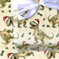 Christmas Dino Gift Wrap, Santa Hat T-Rex Dinosaur Wrapping Paper, Adorable Holiday Dinosaur Wrapping Paper, Kids Festive Gift Wrapping Paper