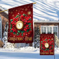 Most Wonderful Time of Year Yard Flag, Christmas Time Garden Flag, Poinsettia Clock Winter Banner, Double-Sided Holiday Lawn Flag Decor