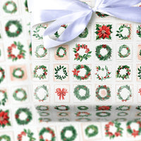 Vintage Christmas Stamp Gift Wrap, Holiday Wreath Poinsettia Wrapping Paper, Floral Botanical Wrapping Paper, Holiday Season Gift Wrap Roll