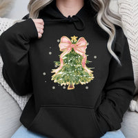 Pink Bow Aesthetic Hoodie, Coquette Christmas Tree Hoodie, Adorable Girly Xmas Tree Hoodie, Pastel Holiday Pullover, Winter Present for Her