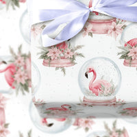Tropical Christmas Gift Wrap, Snow Globe Flamingo Wrapping Paper, Watercolor Pink Poinsettia Present Paper, Winter Holiday Wrap Roll