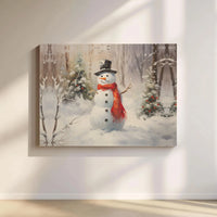Red Scarf Forest Scene Print, Winter Snowman Canvas Wall Art, Christmas Holiday Canvas Wall Decor, Printable Digital Download Artwork