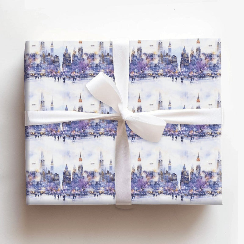 Snowy Ice Skating Park Gift Wrap, New York City Wrapping Paper, NYC Skyline Christmas Wrapping Paper, Watercolor Winter City Holiday Paper