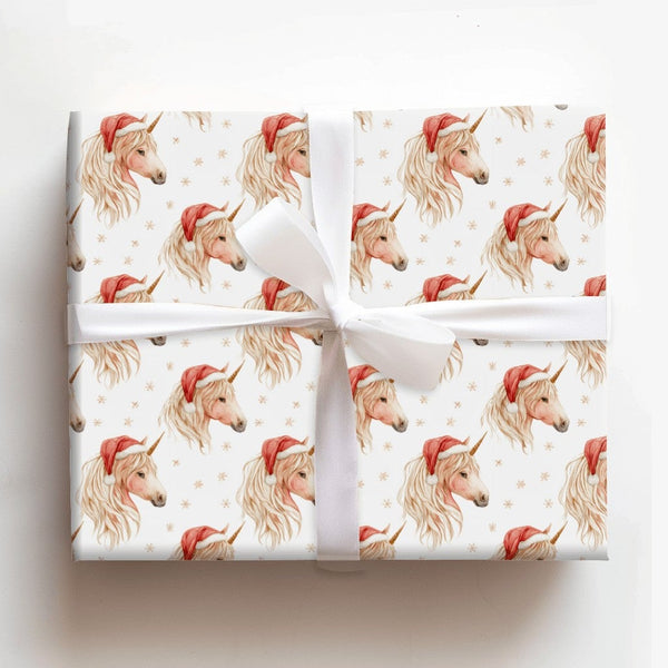 Watercolor Santa Hat Gift Wrap, Christmas Unicorn Wrapping Paper, Magical Fantasy Holiday Present Paper, Kids Xmas Wrapping R