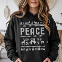 Nordic Reindeer Holiday Hooded Sweatshirt, Peace Ugly Christmas Hoodie, Retro Xmas Graphic Hoodie, Festive Family Matching Pullover Hoodie