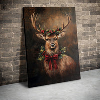 Rustic Deer with Holly Wreath Canvas Print, Christmas Stag Canvas Wall Art, Festive Winter Holiday Canvas Decor, Holiday Season Deer Present