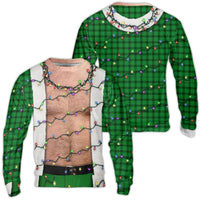 Humorous Hairy Chest Holiday Sweater, Hairy Chest Christmas Lights Ugly Sweater, Green Plaid Xmas Crewneck Sweater, Humorous Holiday Present