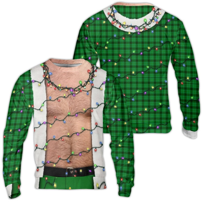 Humorous Hairy Chest Holiday Sweater, Hairy Chest Christmas Lights Ugly Sweater, Green Plaid Xmas Crewneck Sweater, Humorous Holiday Present