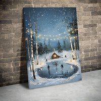 Snowy Cabin Canvas Print, Winter Ice Skating Canvas Wall Art, Fairy Lights Holiday Canvas Decor, Christmas Landscape Artwork, Winter Present