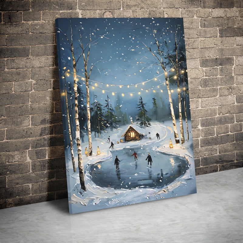 Snowy Cabin Canvas Print, Winter Ice Skating Canvas Wall Art, Fairy Lights Holiday Canvas Decor, Christmas Landscape Artwork, Winter Present