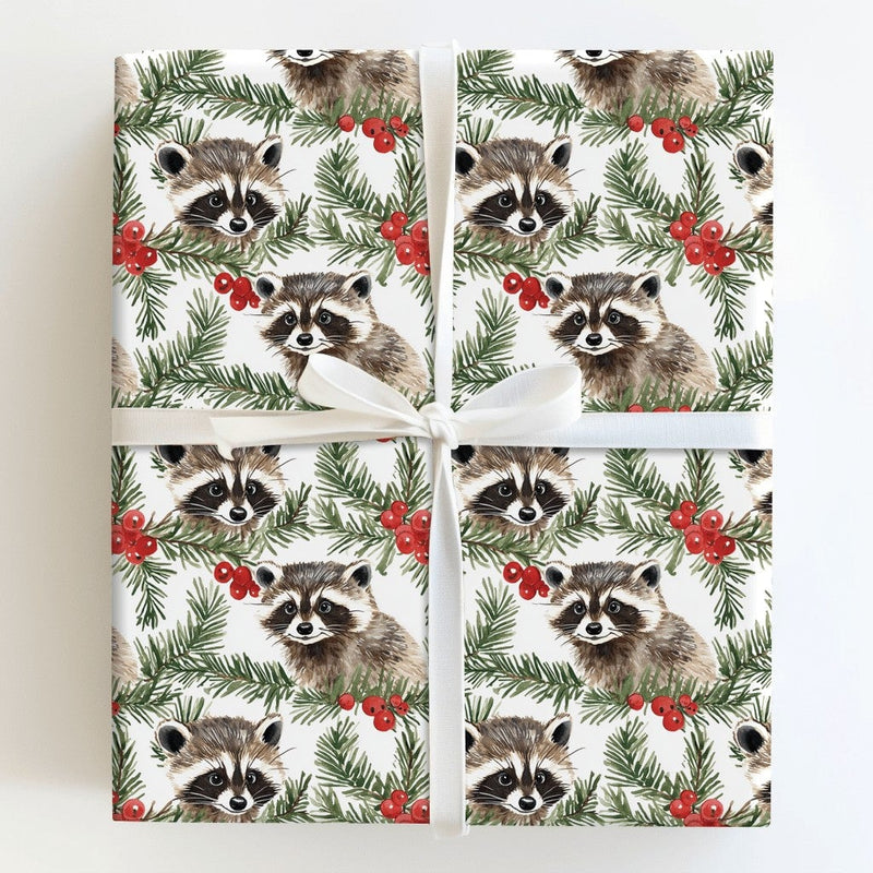 Woodland Animal Gift Wrap Paper, Watercolor Raccoon Christmas Wrapping Paper, Adorable Nature Holiday Wrapping Paper, Xmas Gift Wrap Roll