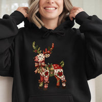Festive Patchwork Holiday Sweatshirt, Christmas Reindeer Hoodie, Adorable Winter Deer Graphic Hooded Pullover, Comfy Xmas Season Hoodie Present