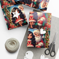 African American Holiday Gift Wrap Roll, Kawaii Santa and Black Girl Wrapping Paper, Adorable Christmas Wrapping Paper, Kids Xmas Present Wrap