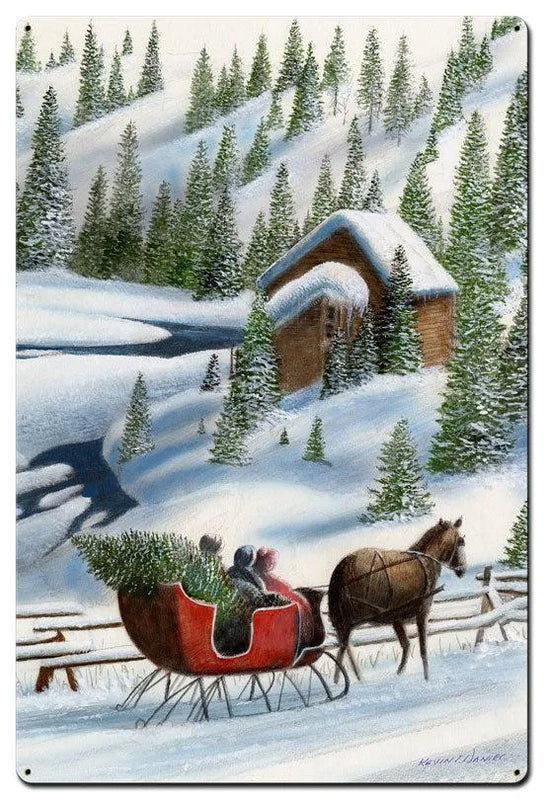 Vintage Winter Forest Wall Art, Sleigh by Pine Trees Metal Sign, Rustic Snowy Christmas Decor, Cabin Holiday Sleigh Sign, Winter Present