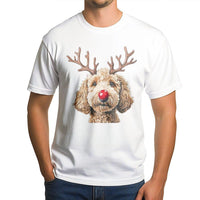 Reindeer Antlers Dog Shirt, Goldendoodle Christmas T-Shirt, Humorous Red Nose Graphic Tee, Adorable Puppy Holiday T-Shirt, Pet Lover Xmas Present