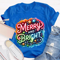 Colorful Retro Holiday Graphic Tee, Merry and Bright Tie Dye Christmas Shirt, Rainbow Xmas T-Shirt, Matching Holiday Outfit