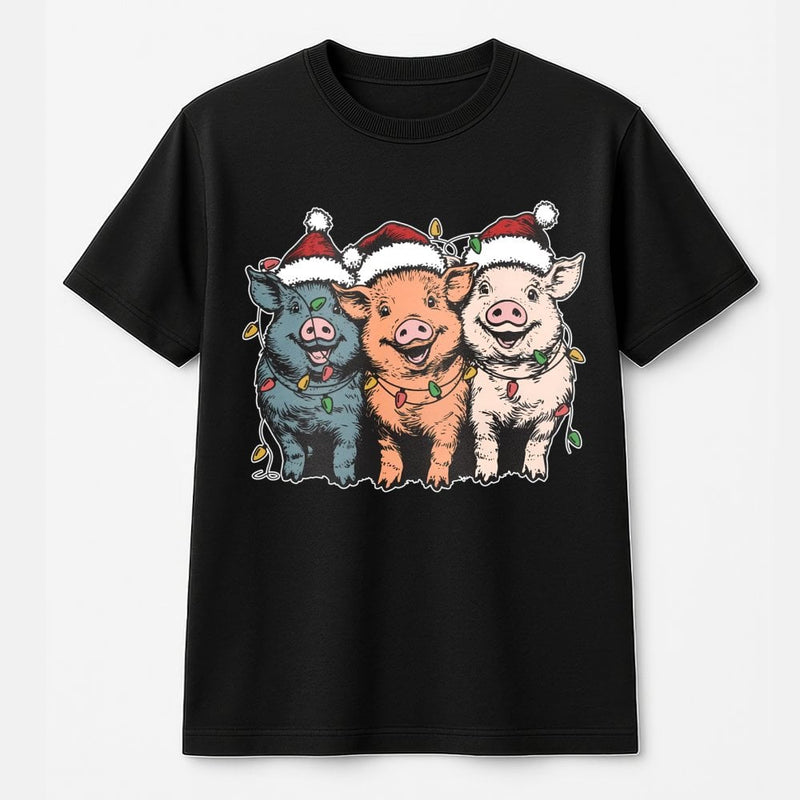 Humorous Santa Hat Pig Shirt, Christmas Pigs T-Shirt, Adorable Holiday Lights Farm Pig Graphic Tee, Country Farm Life Christmas Pig Lover T-Shirt