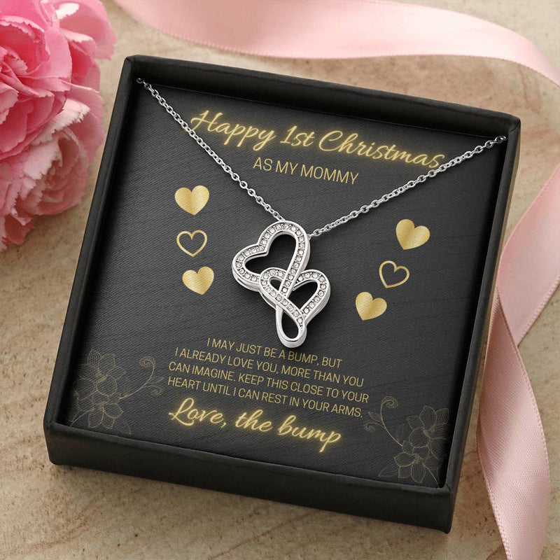 Interlocking Double Hearts Pendant, First Christmas Mommy to Be Necklace, 14K White Gold Over Stainless Steel, Expecting Mom Heart Present