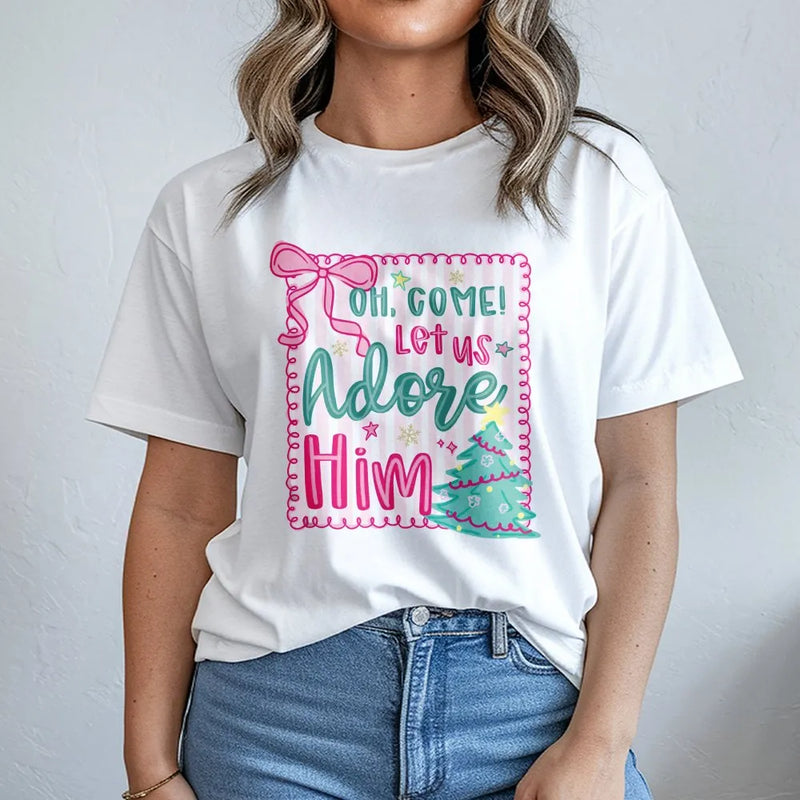 Pink Coquette Christmas Tree Tee, Oh Come Let Us Adore Him T-Shirt, Christian Holiday Graphic Shirt, Faith Aesthetic Scripture Tee